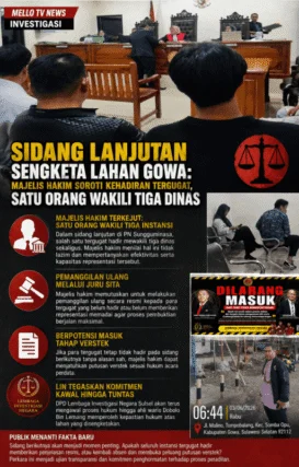 SIDANG LANJUTAN SENGKETA LAHAN GOWA: MAJELIS HAKIM SOROTI KEHADIRAN TERGUGAT, SATU ORANG WAKILI TIGA DINAS