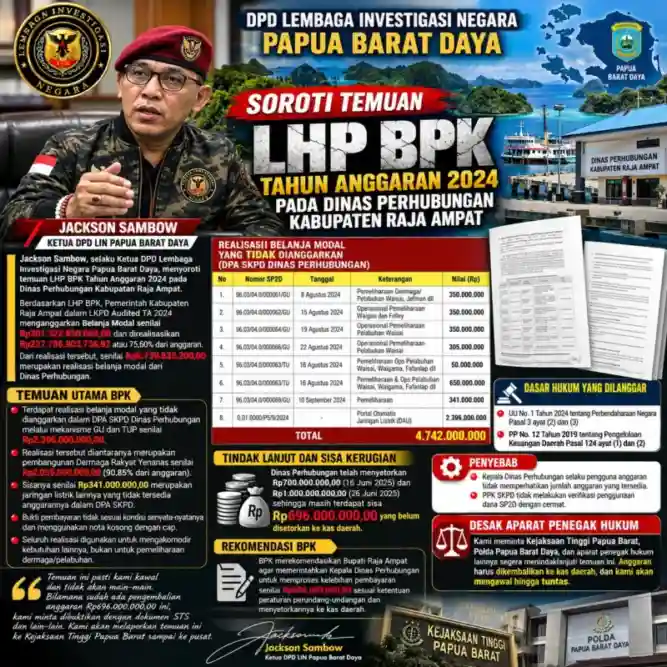 DPD LEMBAGA INVESTIGASI NEGARA PAPUA BARAT DAYA,menyoroti temuan LHP BPK tahun anggaran 2024,pada dinas perhubungan, kabupaten Raja ampat,
